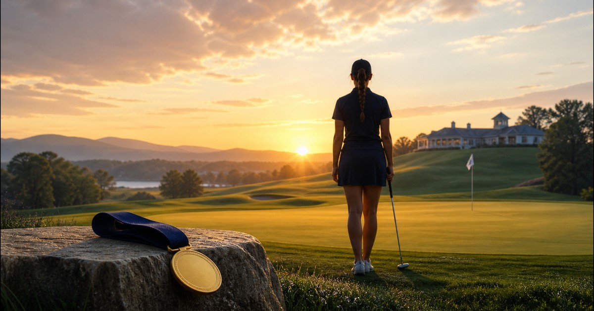Illustrated amateur golfer facing a sunrise green with a gold medal in the foreground