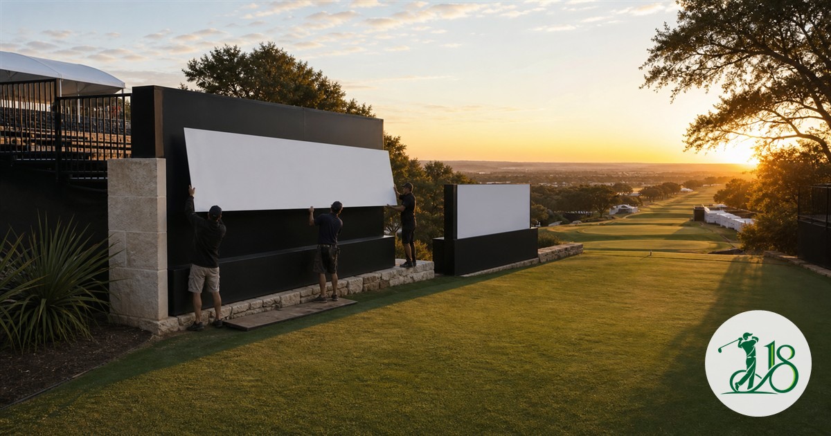 Tournament crews remove a blank title-sponsor panel from an Austin golf event