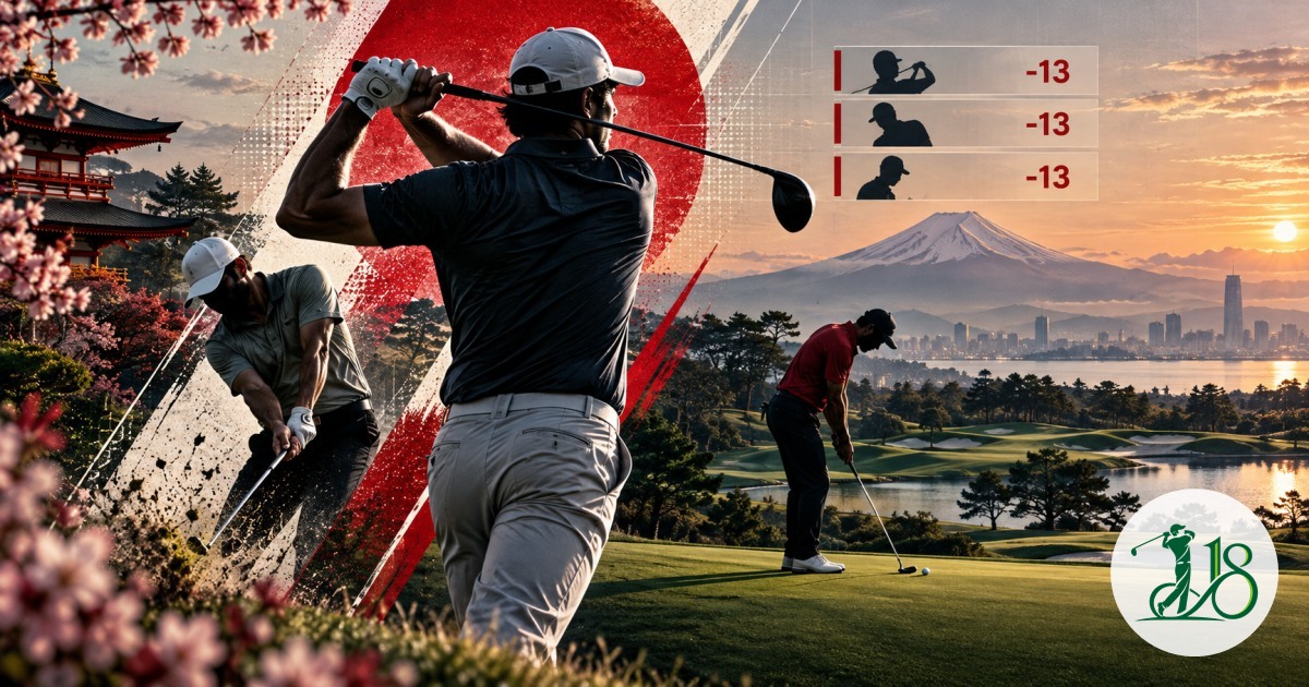 Editorial collage of three golfers tied for the lead in Japan