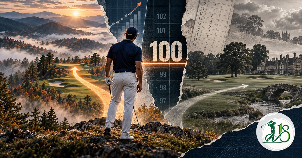 Editorial collage of a golfer choosing a mountain tournament path at the number 100 cutoff