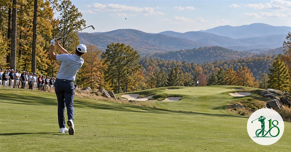 A professional golfer hits an approach shot toward a mountain golf course green