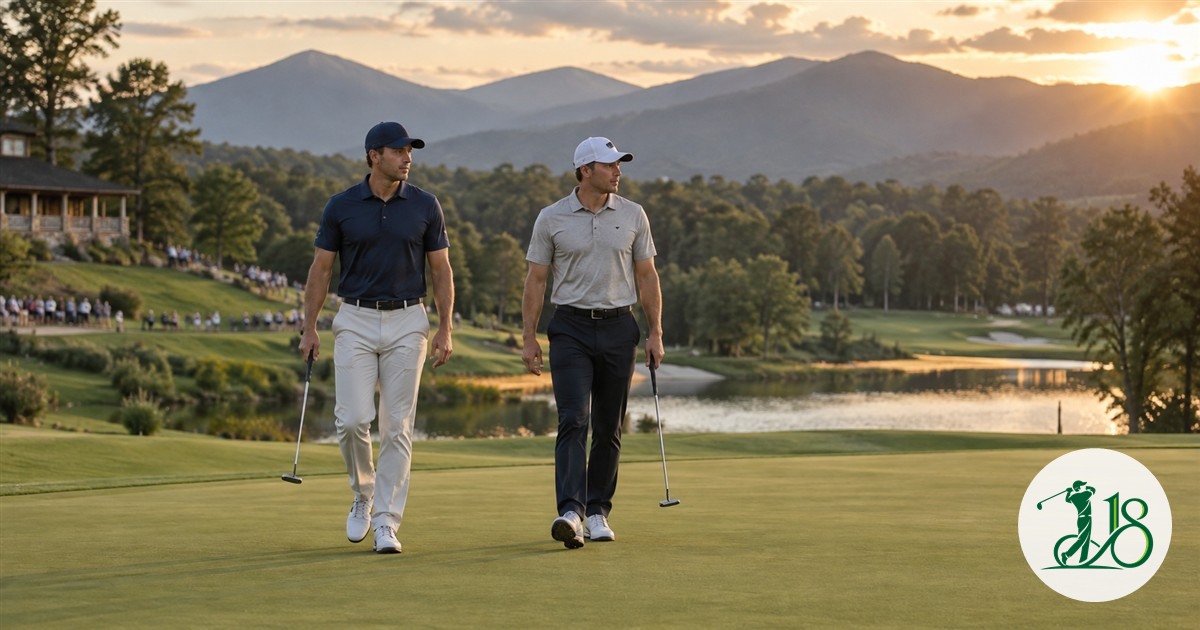 Two professional golfers walk together on a mountain course after the opening round