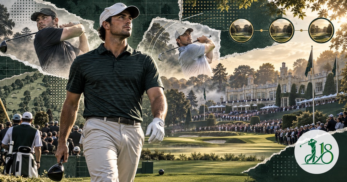 Editorial collage of elite golfers arriving at a crowded English parkland championship