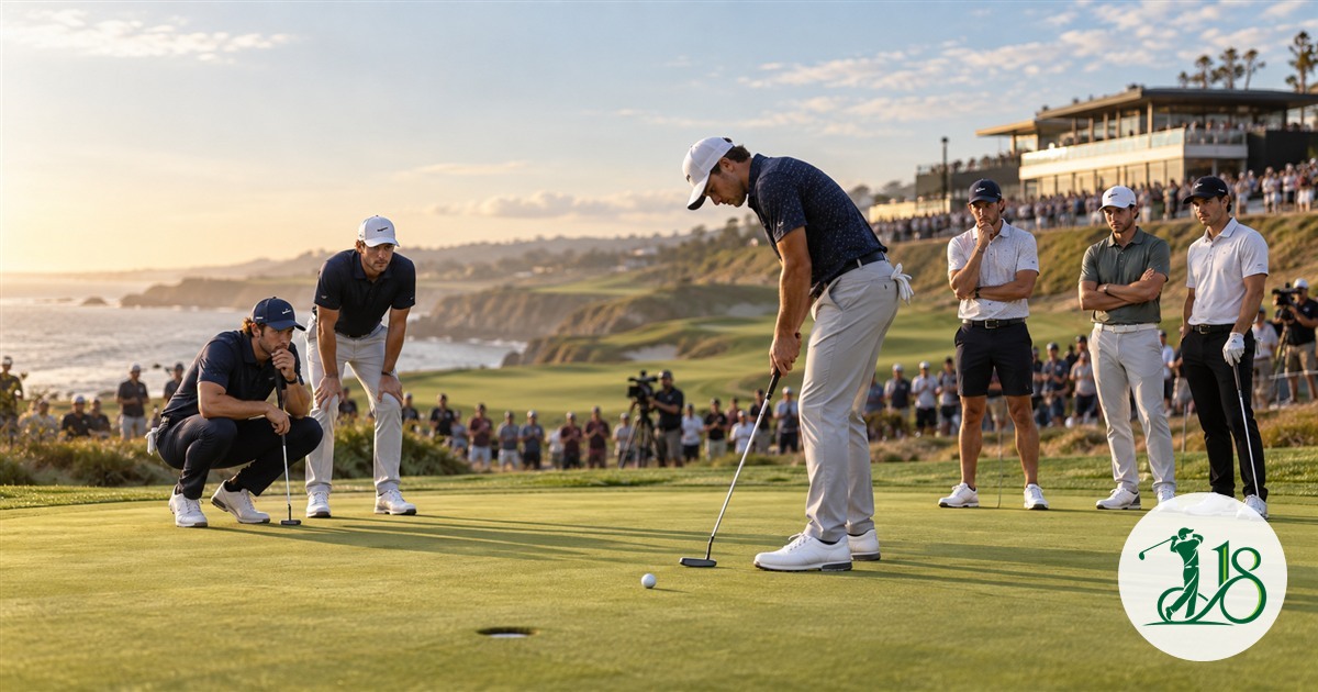 Two three-player golf teams watching a decisive putt