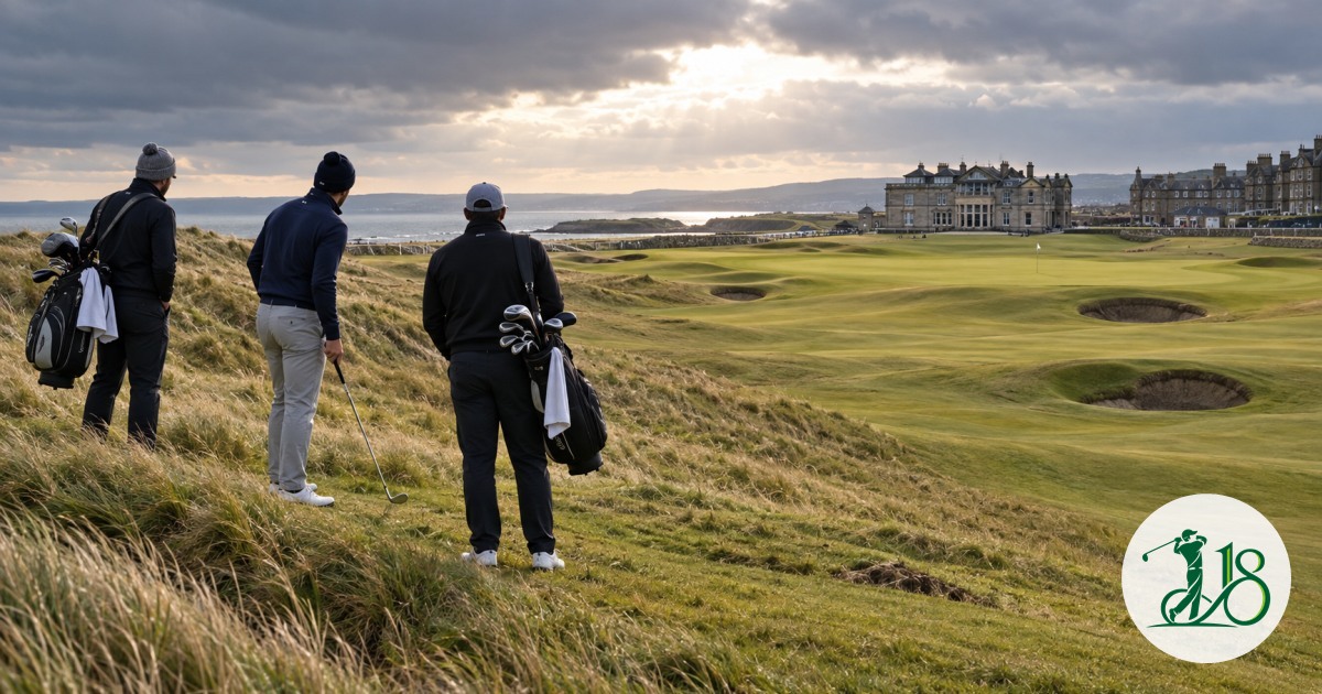 Three anonymous golfers study a windswept historic Scottish links
