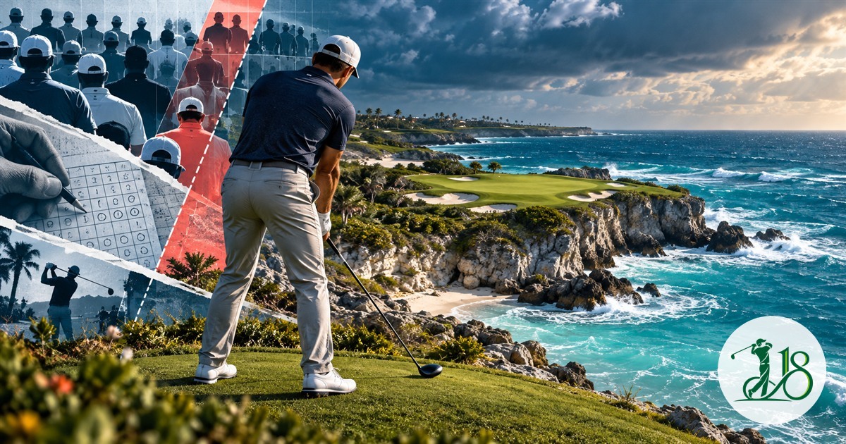 Editorial collage of a golfer facing a windy Bermuda course and a crowded PGA Tour field
