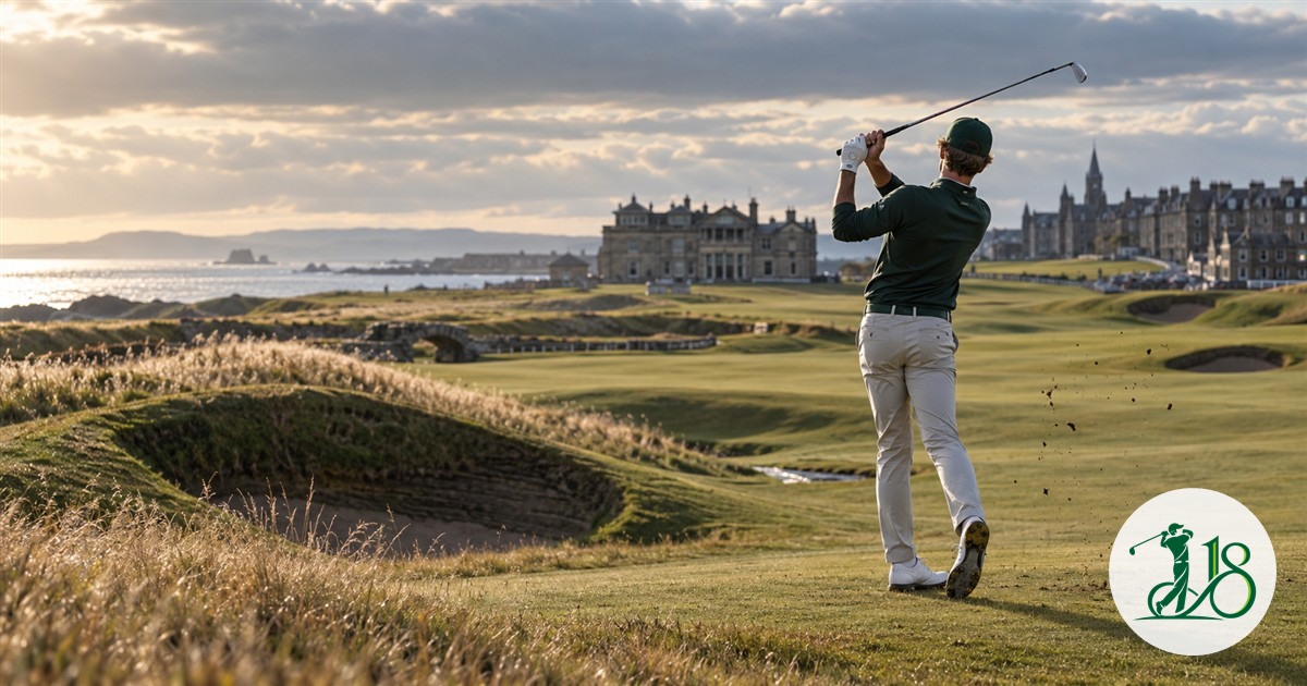 Anonymous golfer finishes an iron shot across a Scottish links course