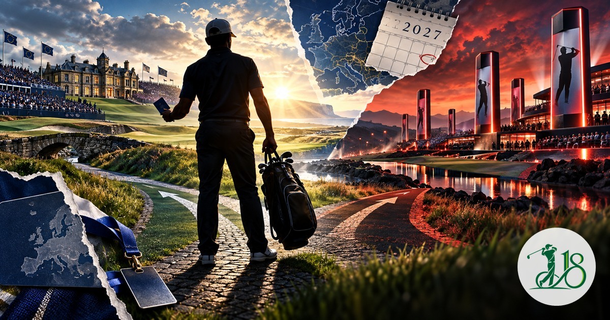 Editorial collage of a golfer choosing between two professional tour paths for 2027