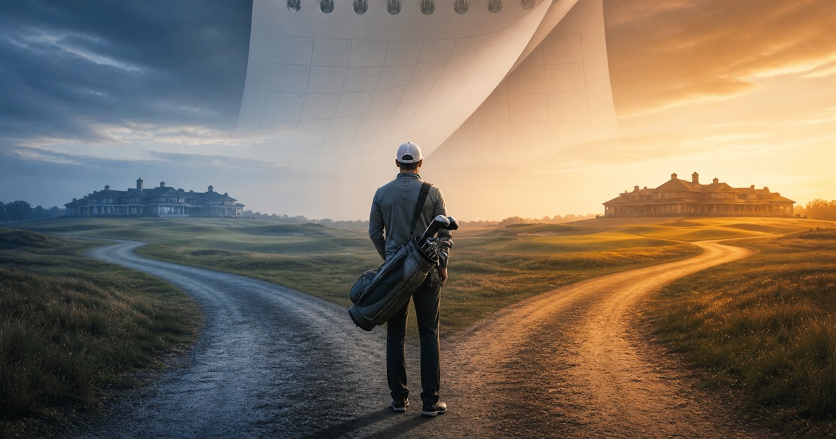 An anonymous golfer stands where two tournament paths diverge