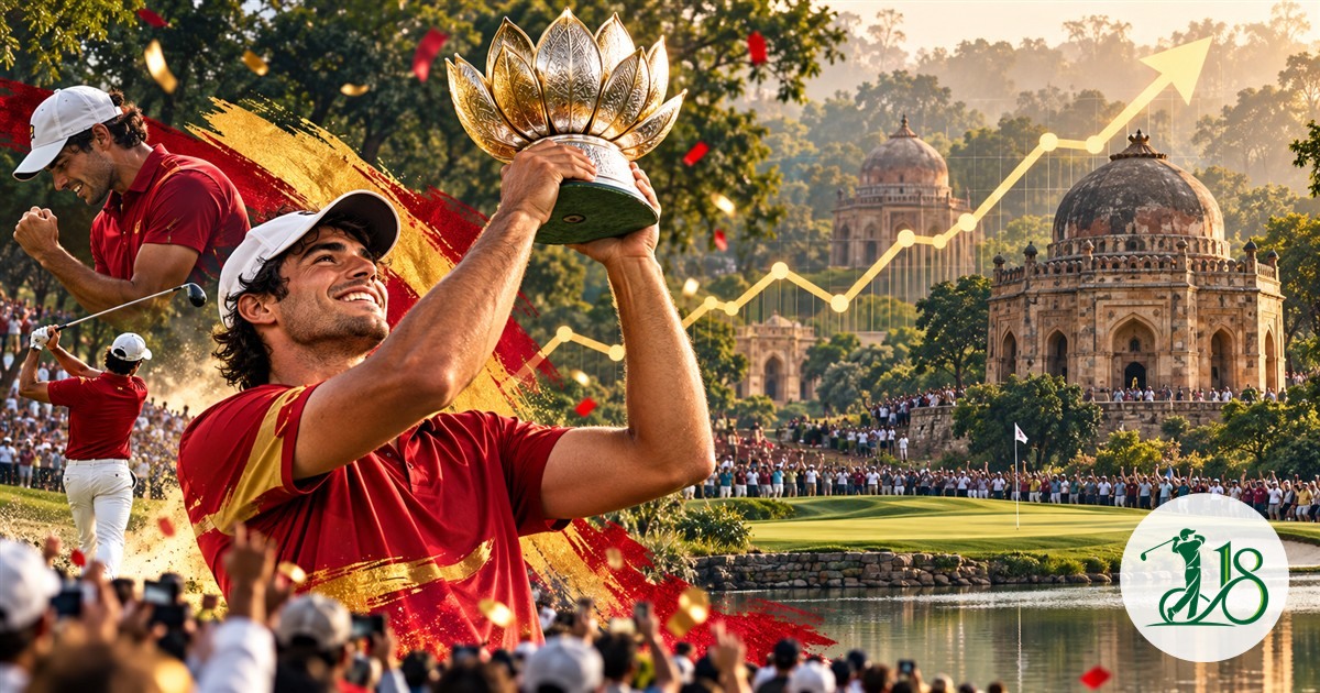 Editorial collage of a Spanish golfer celebrating victory at Delhi Golf Club