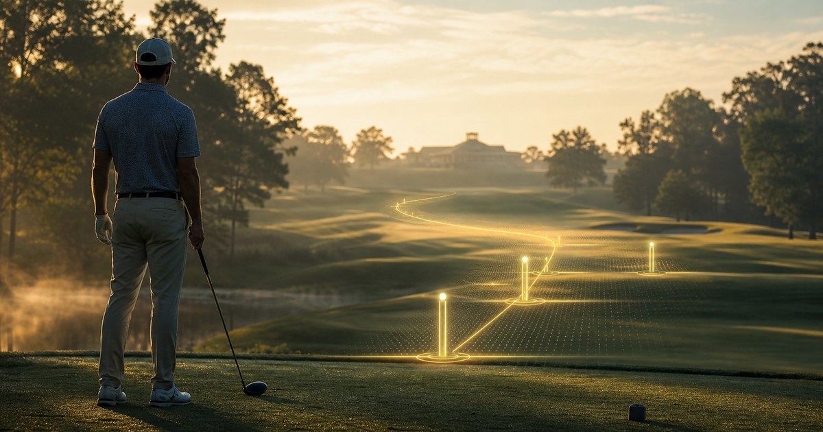 A golfer surveys a fairway marked by a glowing postseason path