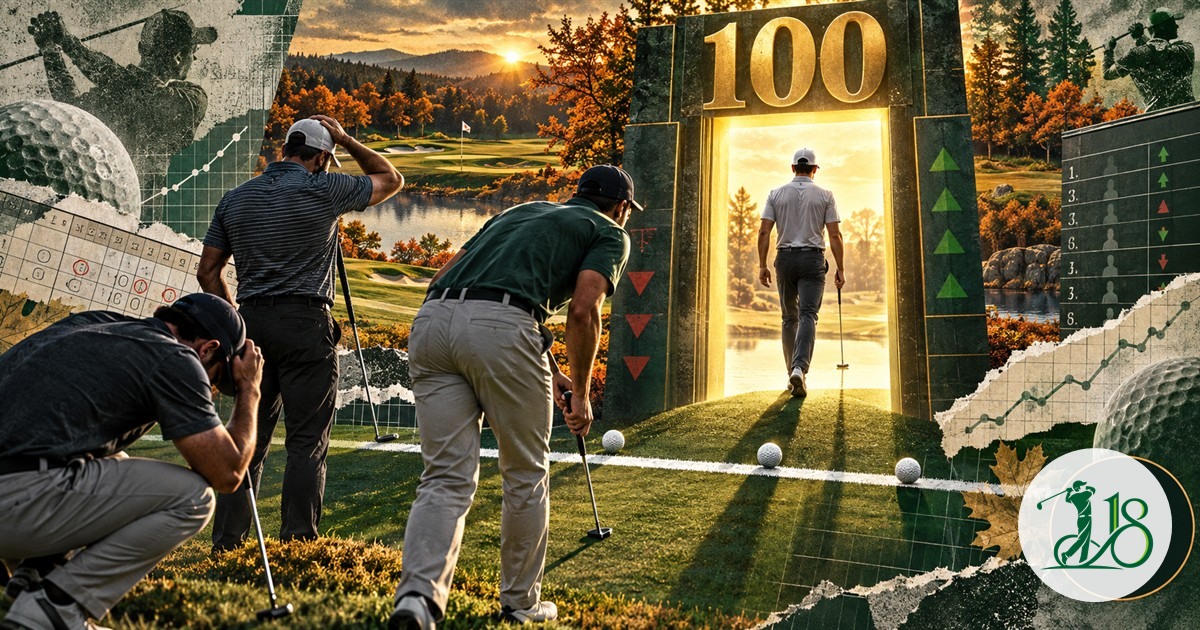 Editorial collage of golfers confronting an illuminated top-100 cutoff gate