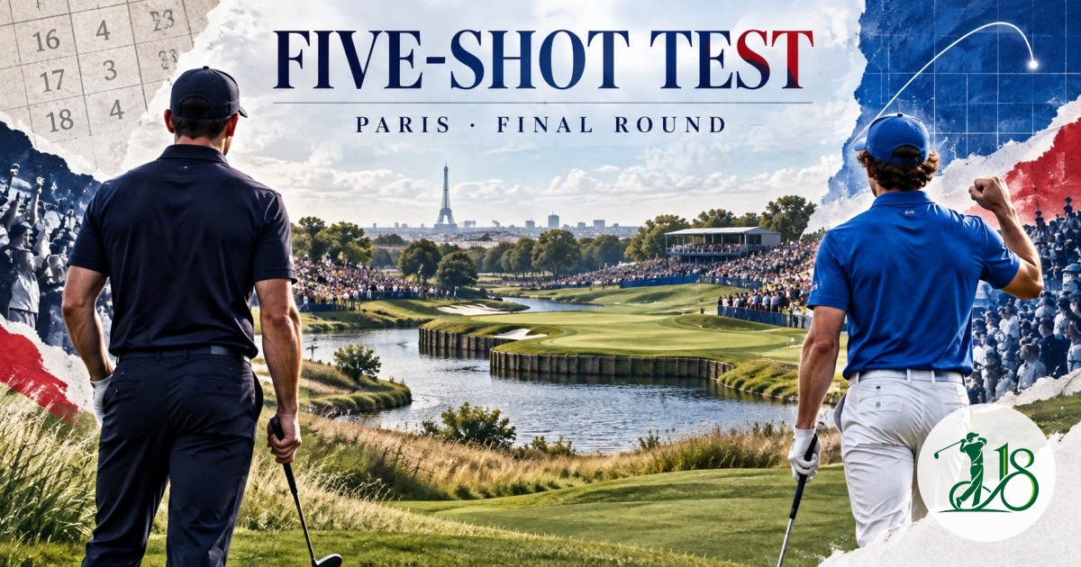 Editorial collage of two anonymous golfers facing a five-shot final-round test at a water-lined French course