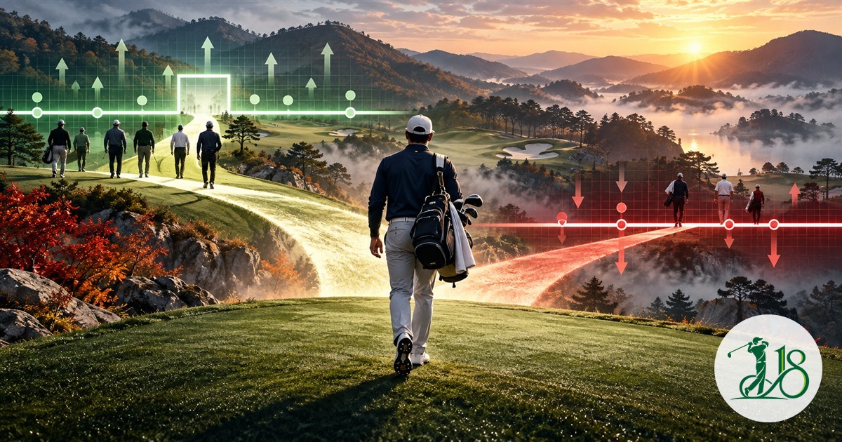Editorial collage of golfers navigating two ranking cut lines on a misty Korean course