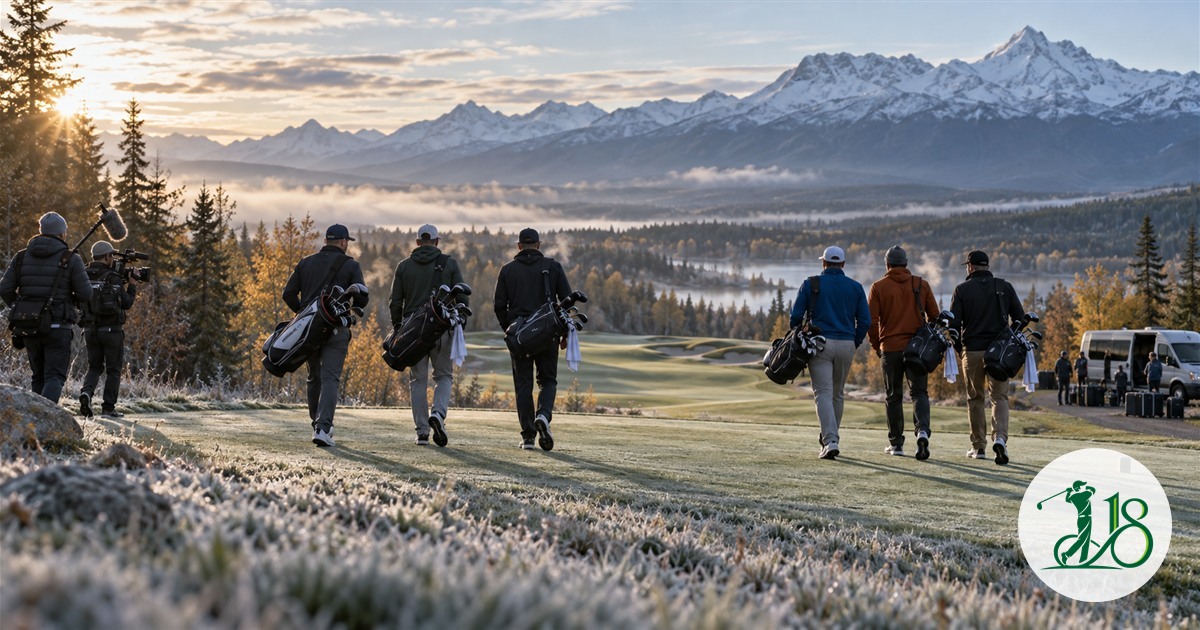 Six anonymous golfers and a camera crew crossing a frost-covered Alaska tee at sunrise