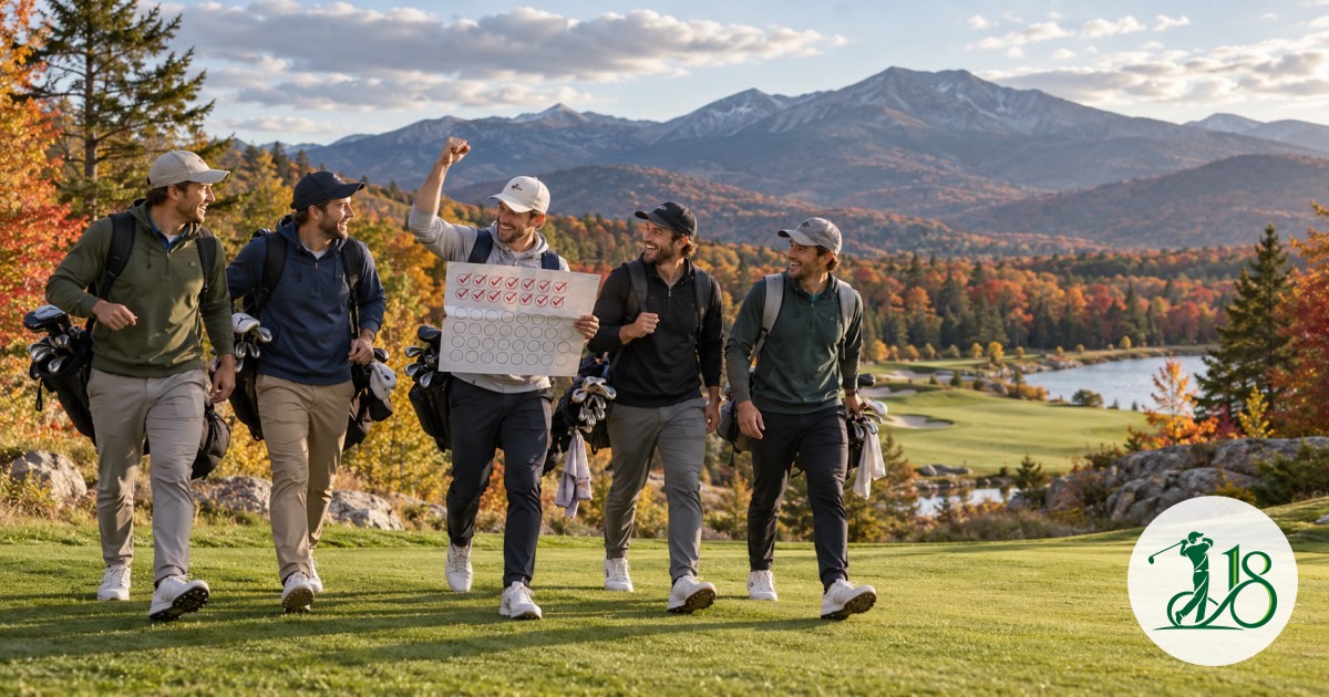 Five anonymous golfers celebrating a road-trip milestone in autumn mountains