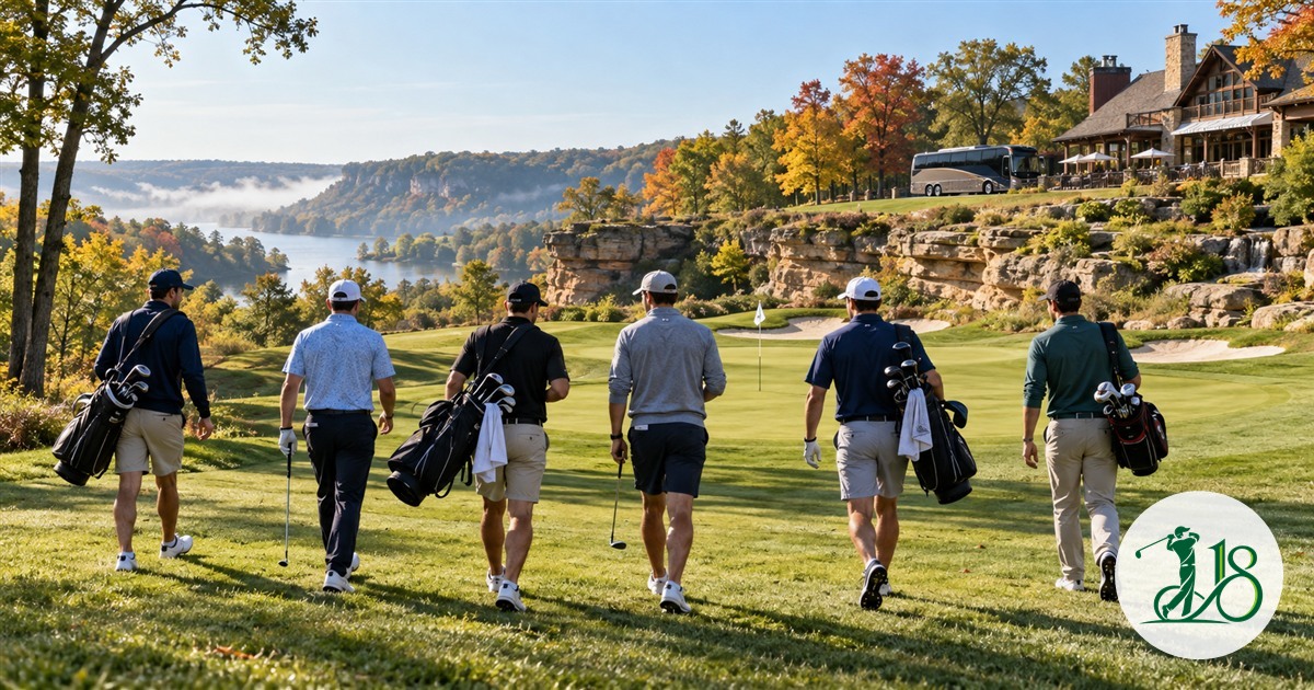 Six golfers walking toward an autumn green in Wisconsin