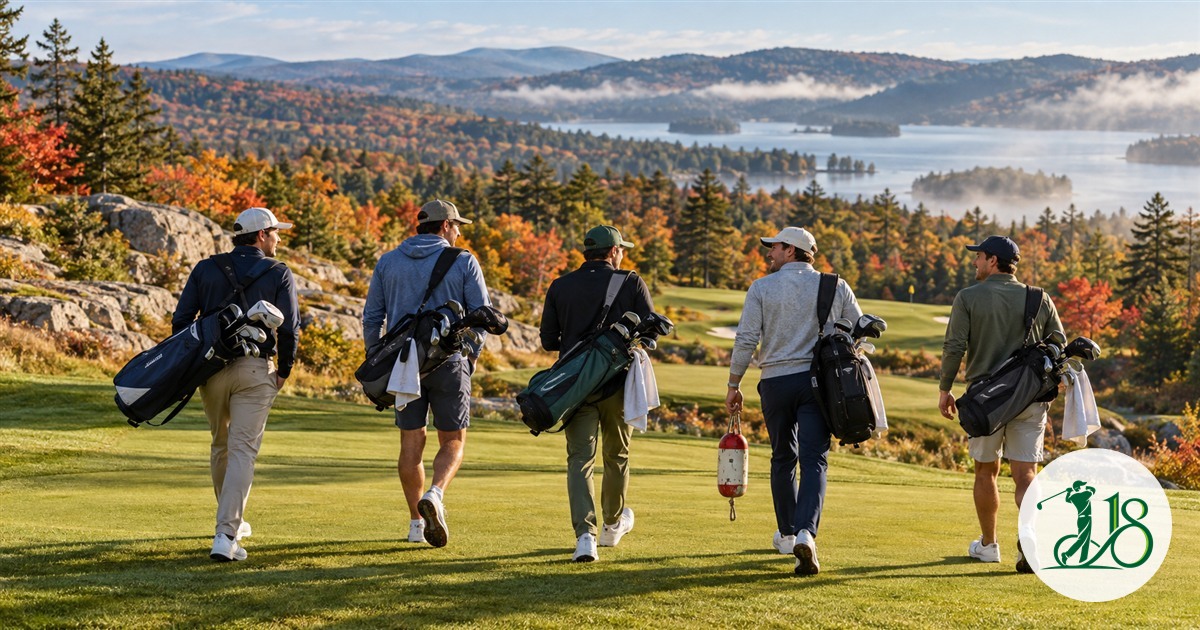 Five anonymous golfers walk across a Maine course above an autumn lake