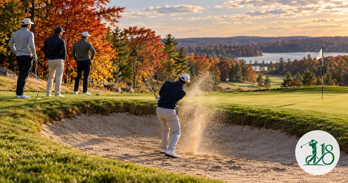 Anonymous golfers watch a bunker shot on an autumn New England course