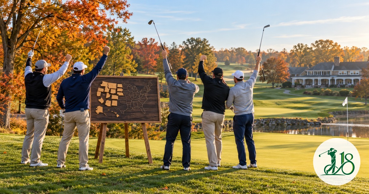 Five anonymous golfers celebrate beside a state map on an autumn course