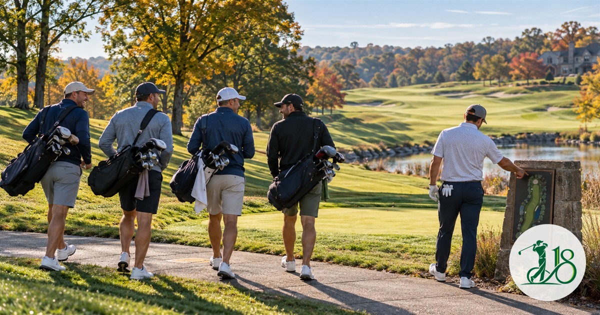 Five anonymous golfers walk through a Maryland-style championship course