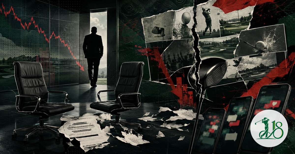 Editorial collage of two empty executive chairs, a departing silhouette and a fractured golf advertising campaign