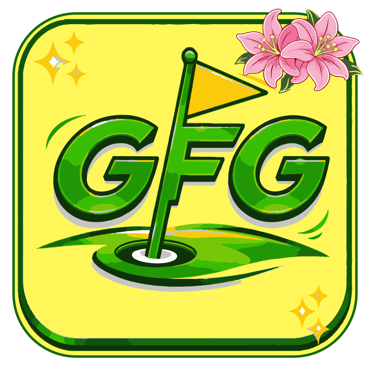 GoodFlightGolf GFG logo with a flagstick and pink flowers