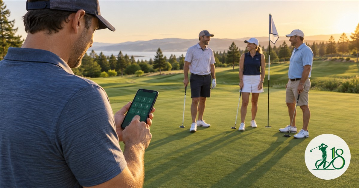 A golfer enters a score on a phone while three friends finish a hole