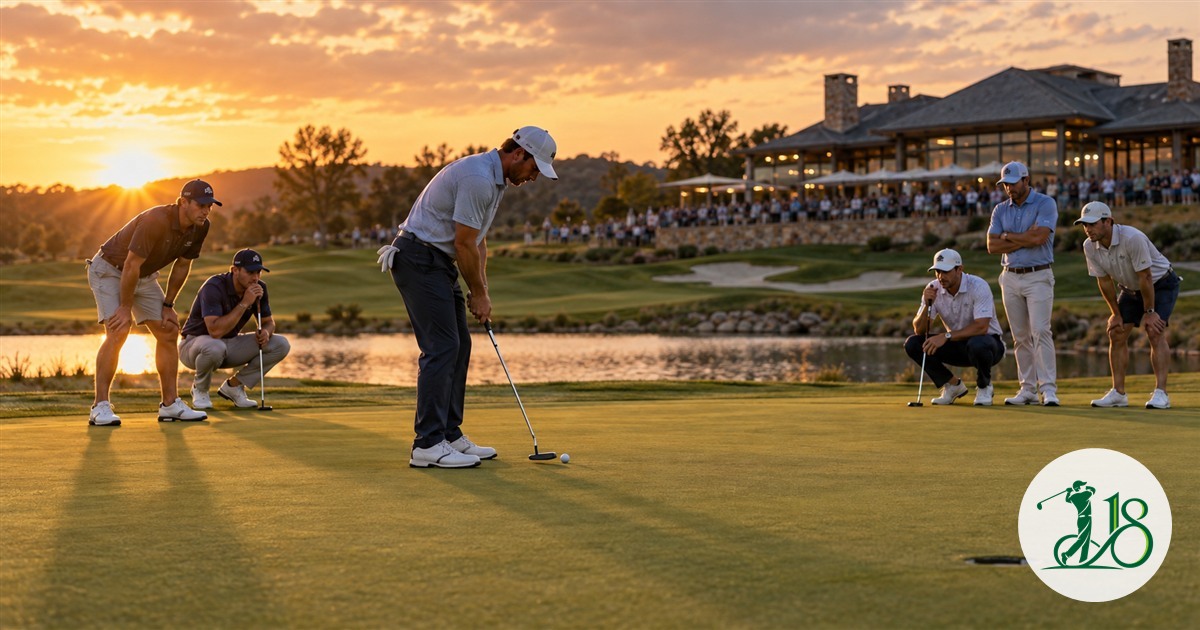 Two three-player teams watching a pressure putt at sunset