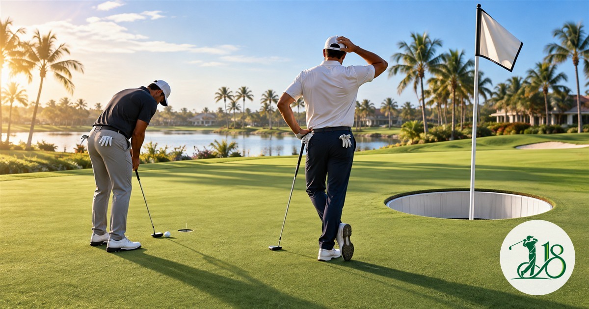 Two anonymous golfers face a tiny putting cup and an exaggerated giant cup on a Florida green