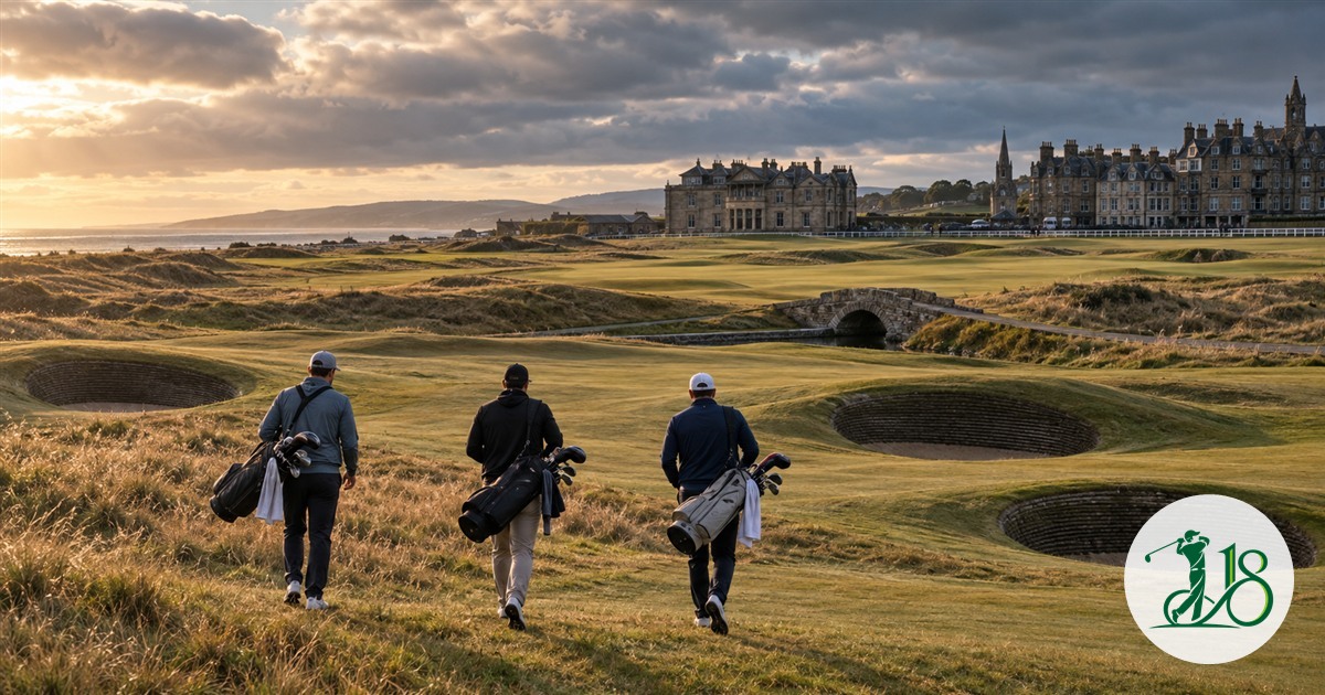 Three anonymous golfers walk across a windswept historic Scottish links