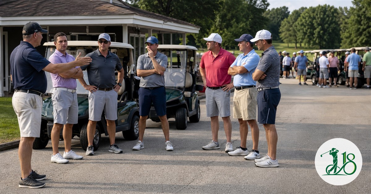 Fictional public-course starter discussing group size with six golfers