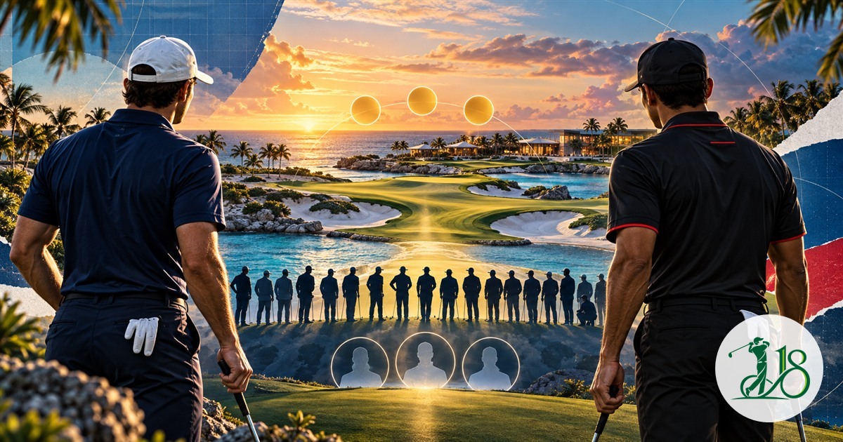 Editorial collage of two elite golfers facing a 17-player field and three open places in the Bahamas