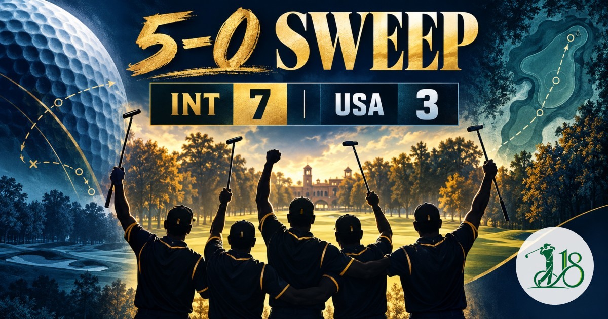 Editorial collage showing five International golfers celebrating a 5-0 sweep and 7-3 lead