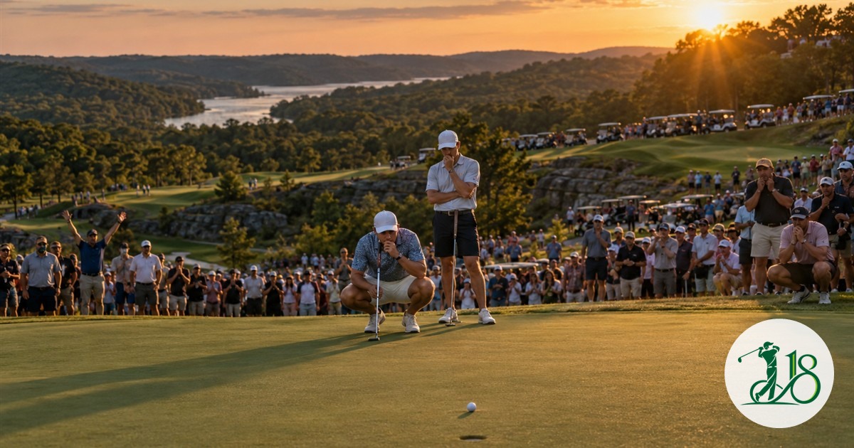 Anonymous golfers prepare for a pressure playoff putt before a large gallery