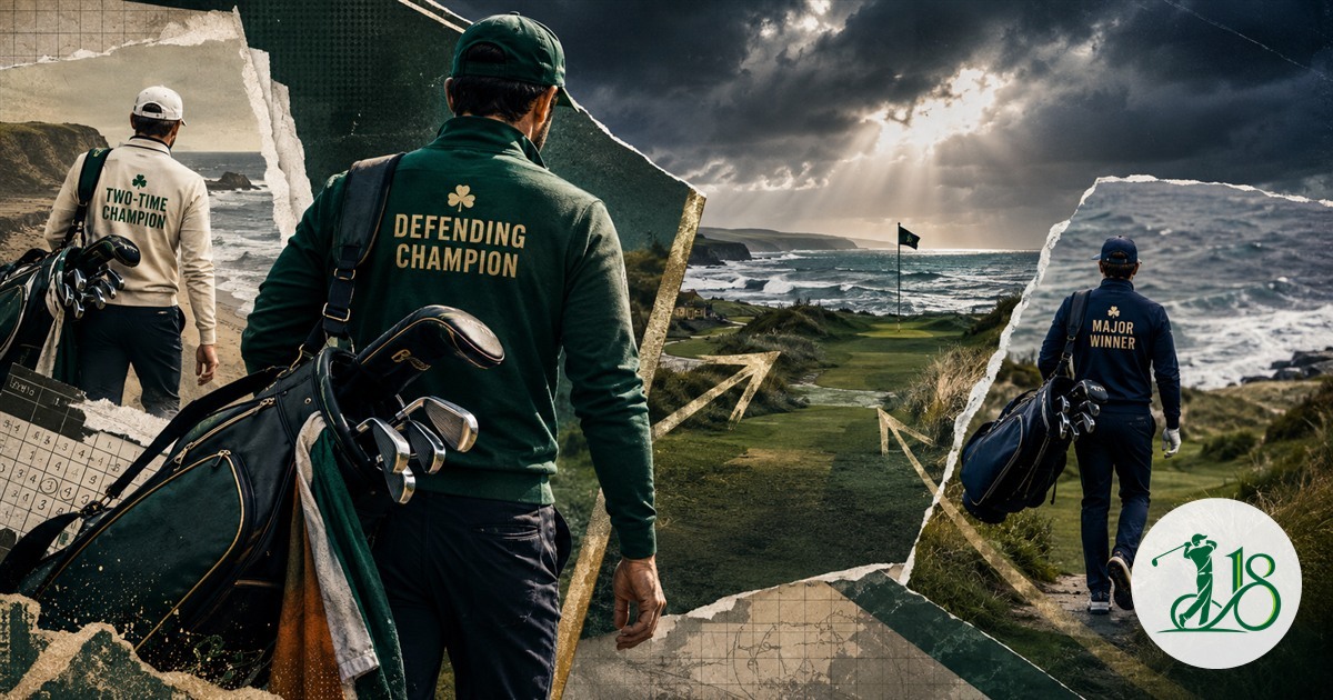 Editorial collage of three elite golfers converging on an Atlantic links course