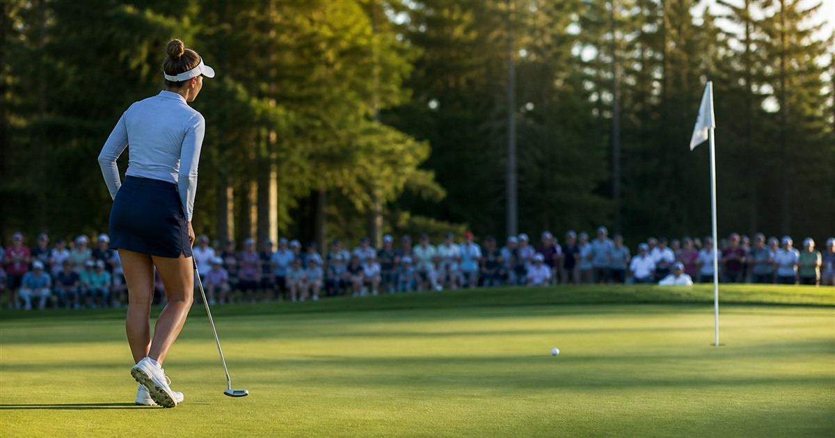 An anonymous professional golfer watches a decisive putt on a tree-lined green