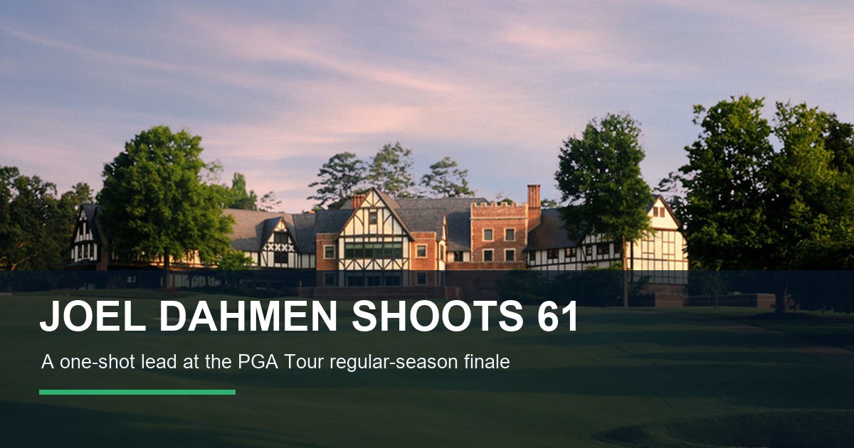 Sedgefield Country Club clubhouse with an editorial headline about Joel Dahmen's 61