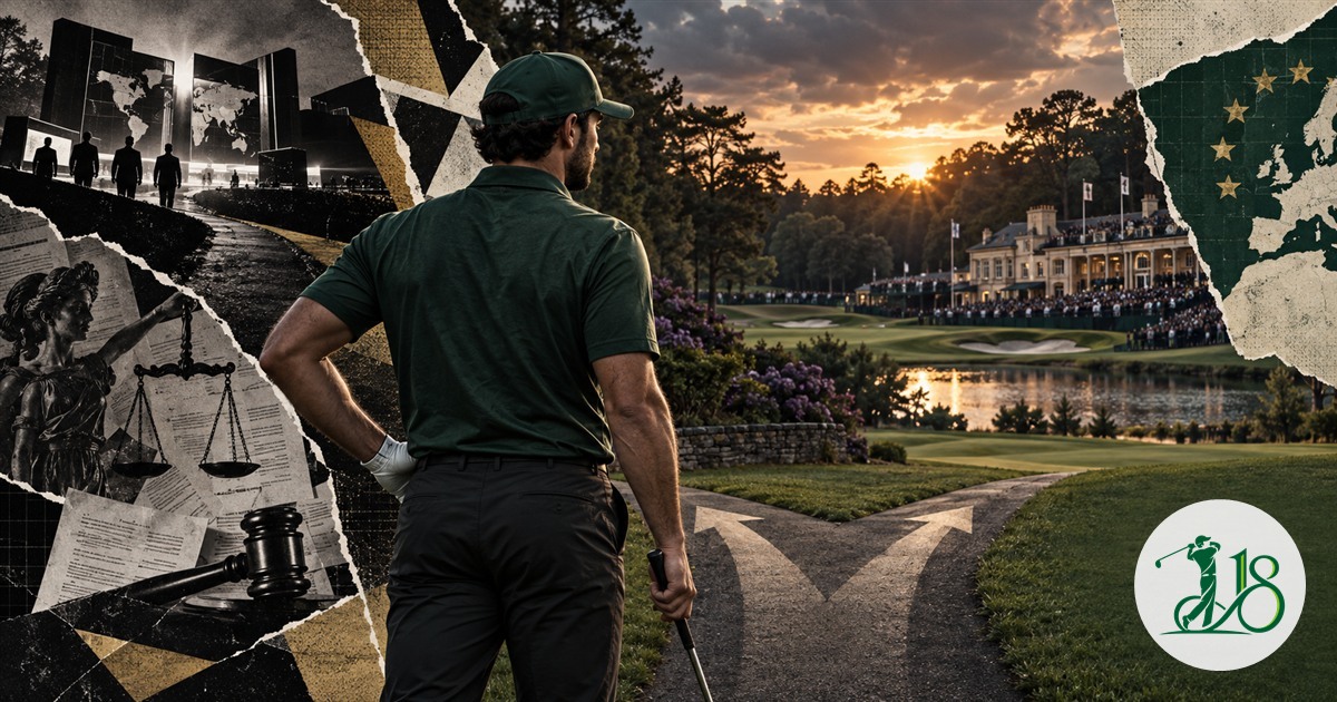 Editorial collage of a professional golfer facing two paths amid legal uncertainty
