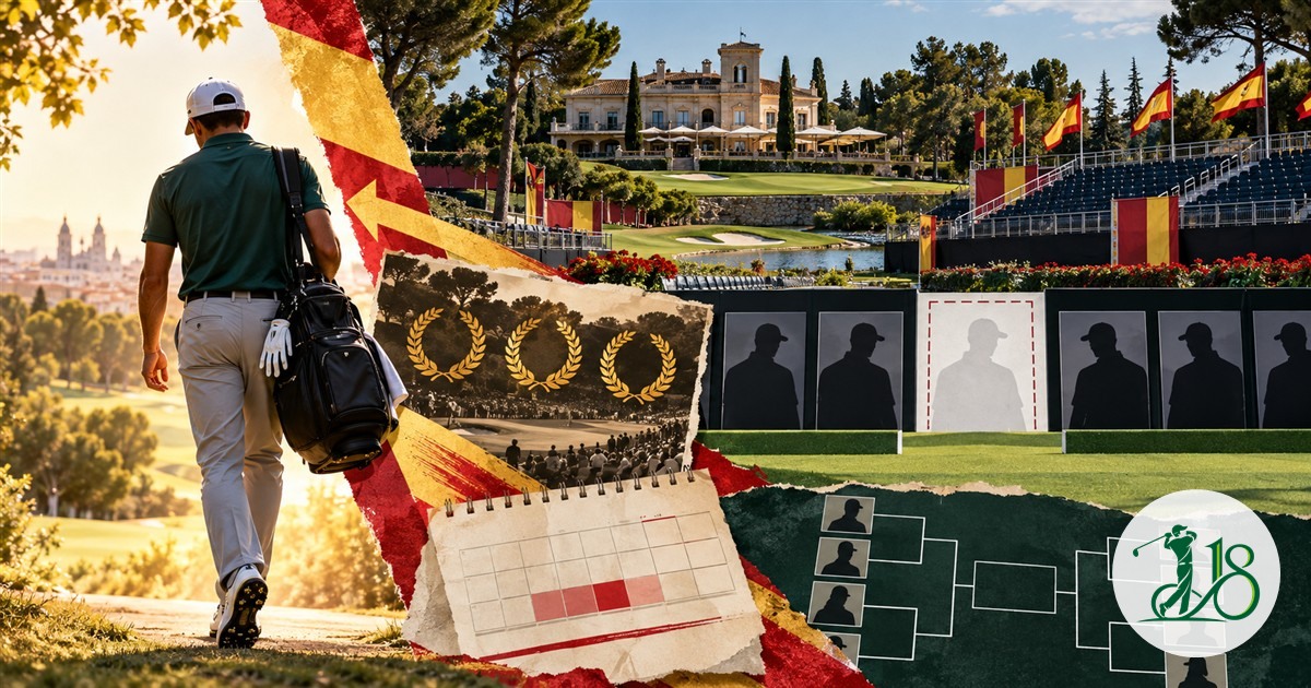 Editorial collage of an absent golfer and the Spanish championship field