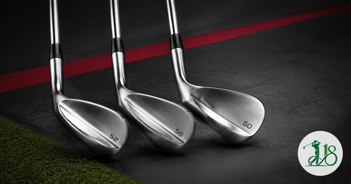 Editorial collage of three forged golf wedges cutting through turf and sand