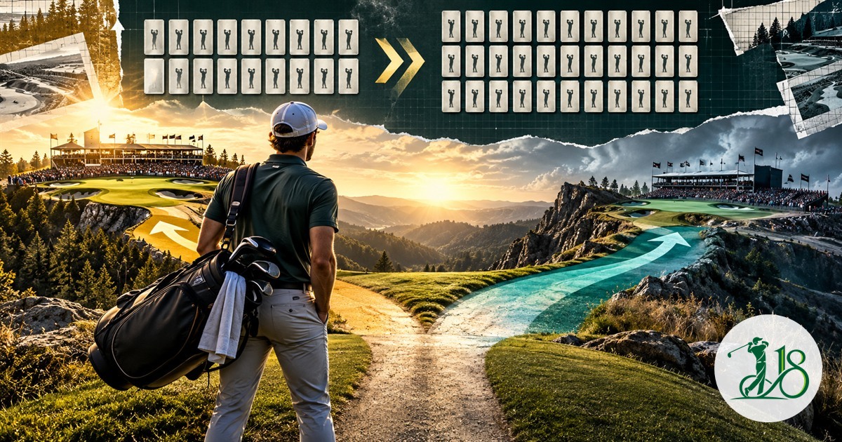 A golfer faces two tournament pathways beneath a visual doubling of tour cards