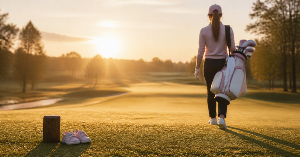 An anonymous golfer walks toward a sunrise with small pink shoes beside the tee