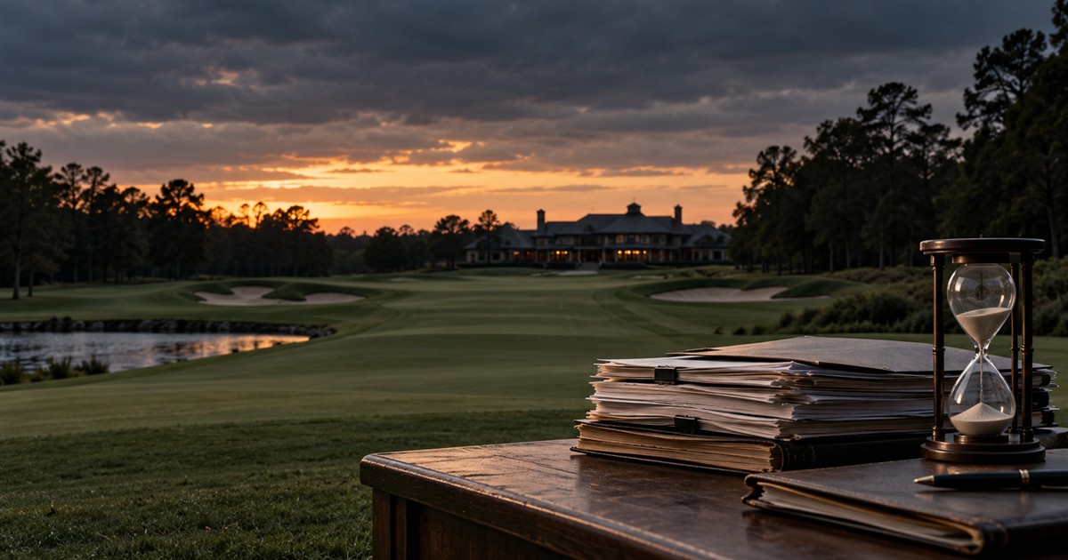 A golf course at dusk beside legal files and an hourglass
