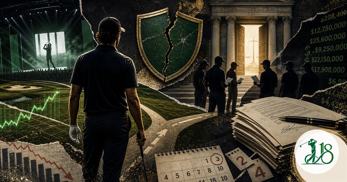 Editorial collage of a golfer facing contracts, financial charts and a courthouse doorway