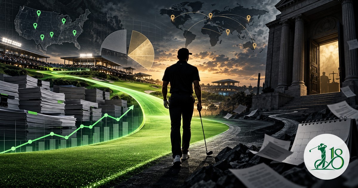 Editorial collage of a golfer walking between a financing path and a courthouse