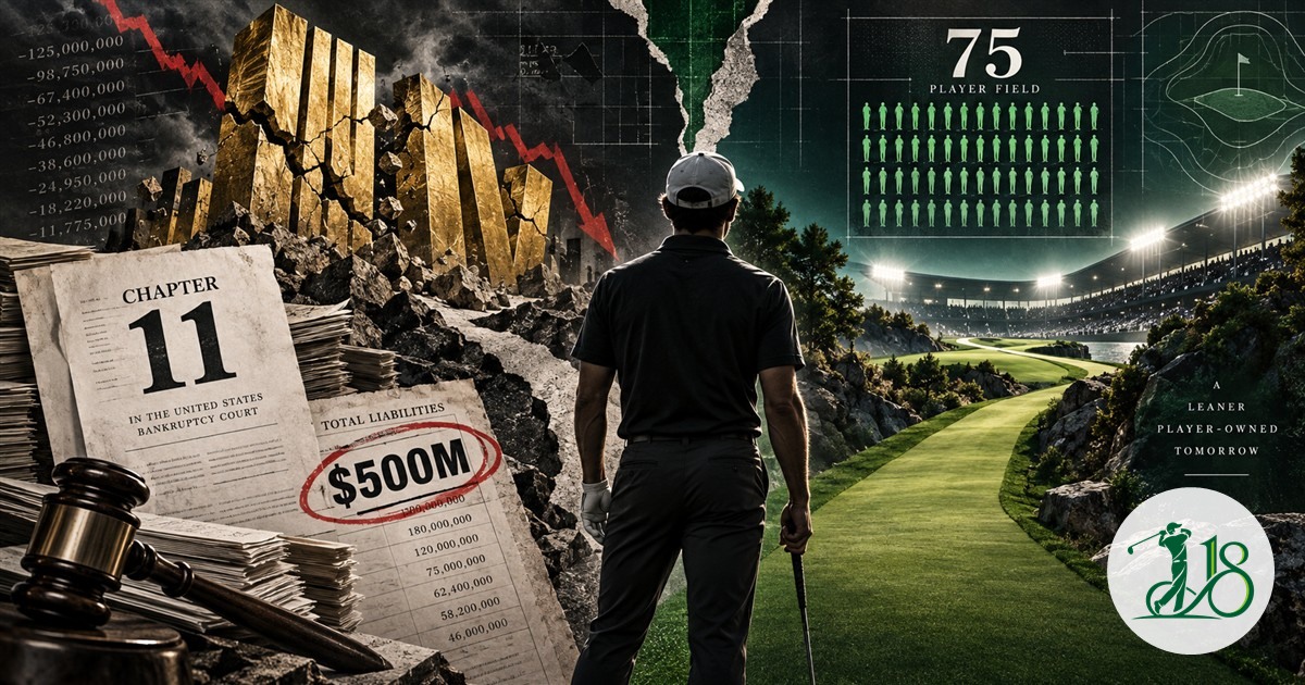 Editorial collage of a golfer walking from a Chapter 11 filing toward a narrower player-owned league