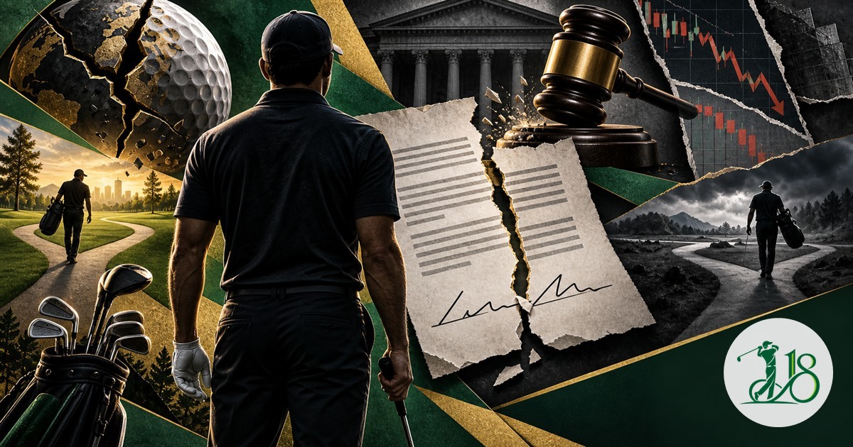 Editorial collage of an anonymous golfer, torn contract, gavel and diverging paths