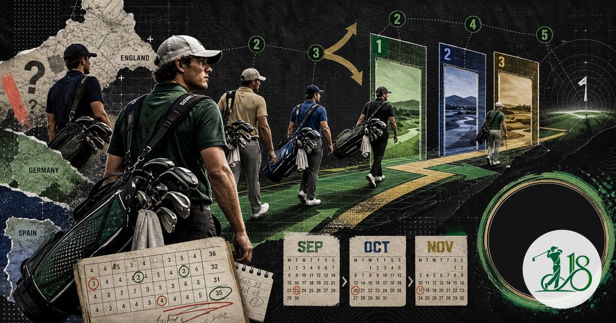 Editorial collage of five golfers moving through a three-stage European qualifying route