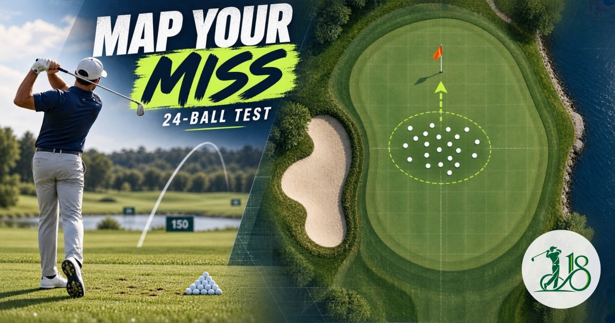 Editorial training graphic showing an iron shot and a safe dispersion pattern on a green